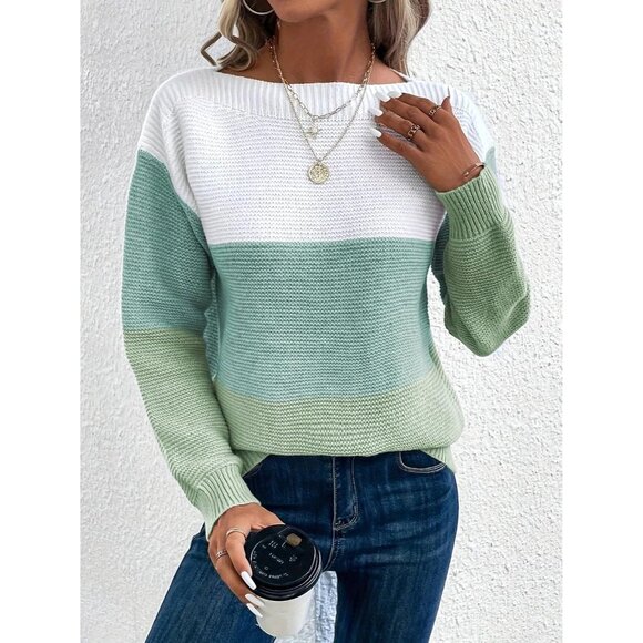 Women's Green Long Sleeve Crew Neck Color Block Fall Fashion Pullover Sweaters - Picture 5 of 6
